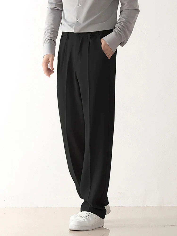 Men's Wide Leg Pleated Pants - High Waist Full Length