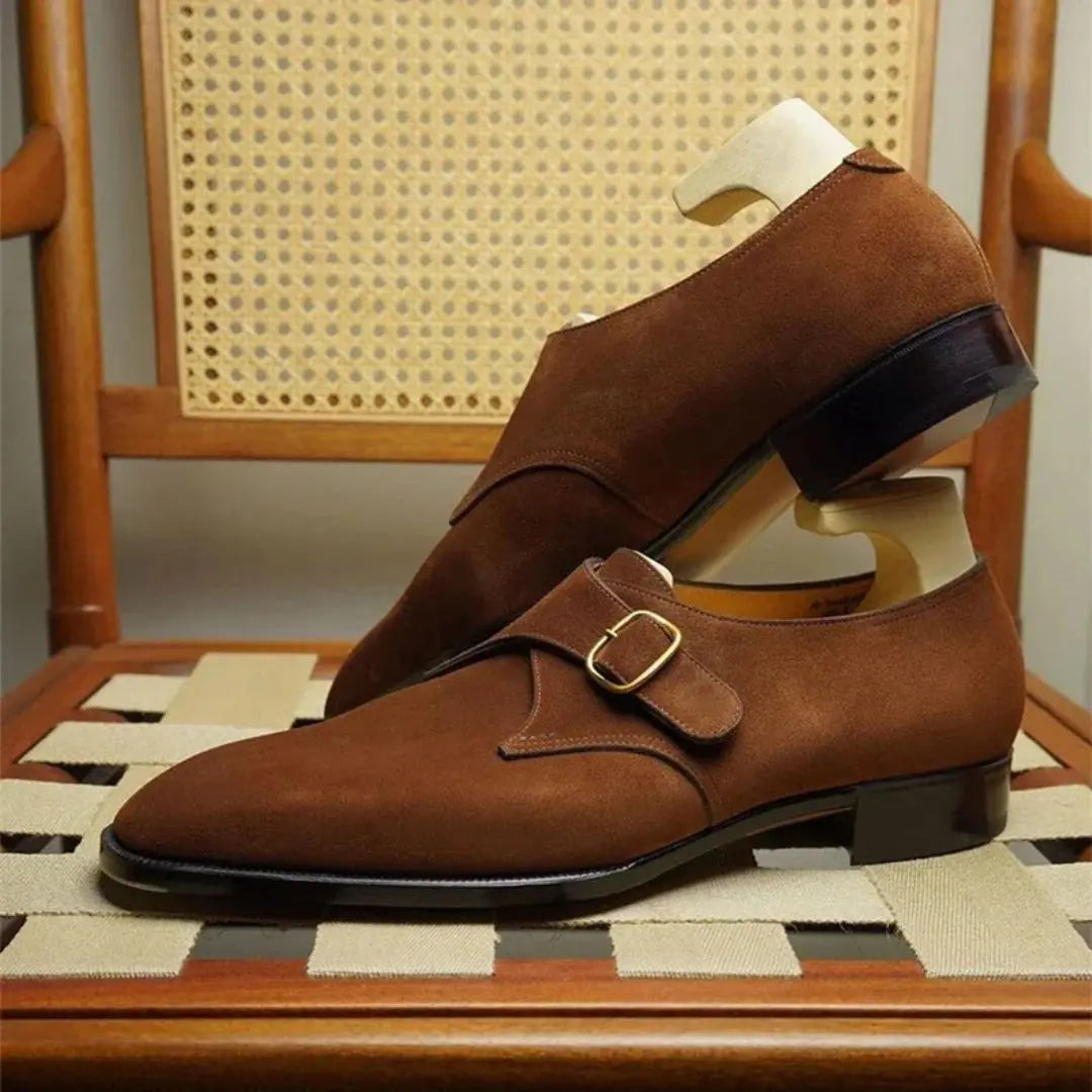 Men's Suede Monk Strap Shoes - Pointed Toe - Low Block Heel