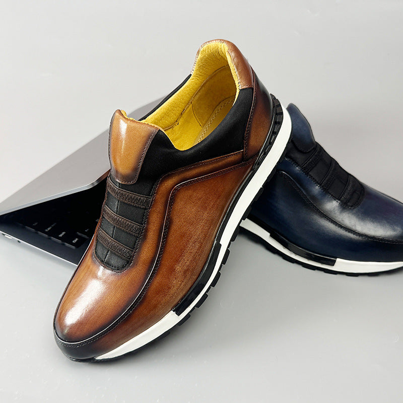 Men's Leather Sneakers - Slip On Casual Shoes with Elastic Panel and Contrast Sole