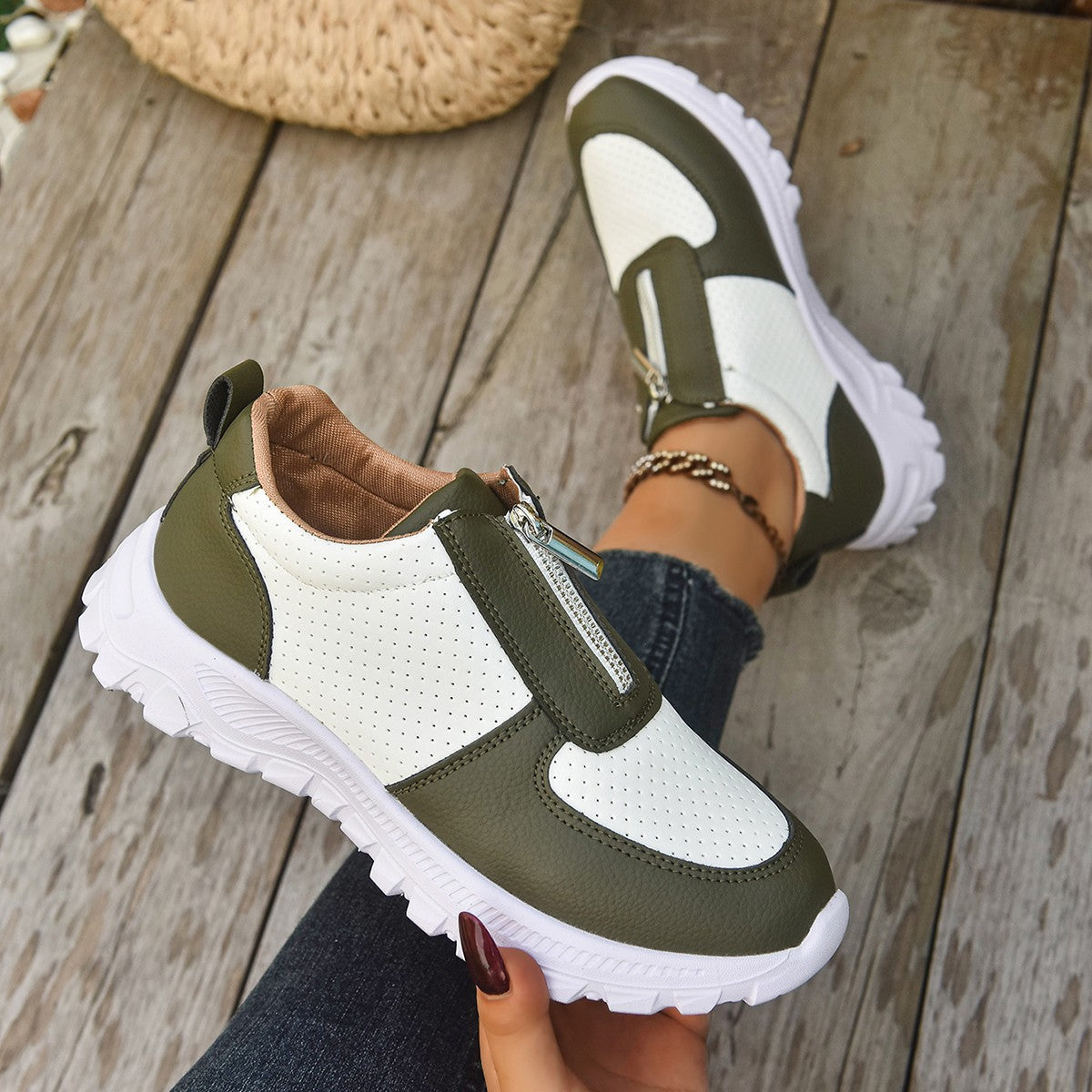 Women's Zip-Up Casual Sneakers - Colour Block Perforated Upper with Chunky Platform Sole