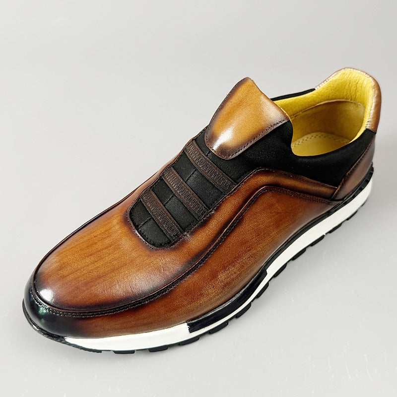 Men's Leather Sneakers - Slip On Casual Shoes with Elastic Panel and Contrast Sole