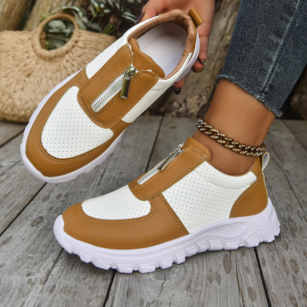 Women's Zip-Up Casual Sneakers - Colour Block Perforated Upper with Chunky Platform Sole
