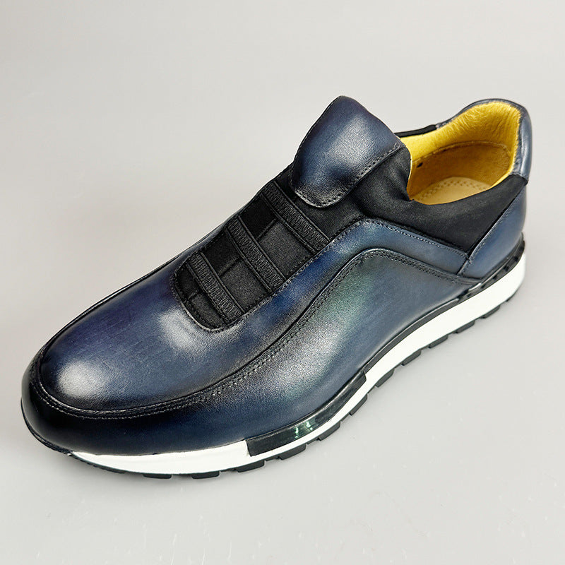 Men's Leather Sneakers - Slip On Casual Shoes with Elastic Panel and Contrast Sole