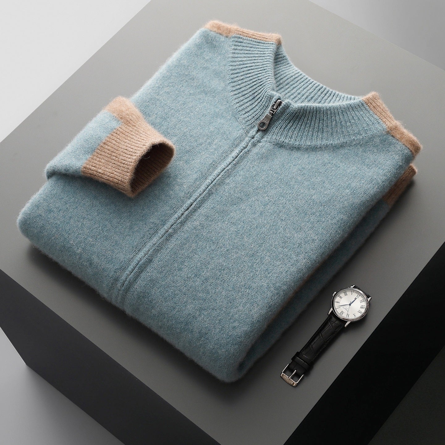 Men's Cardigan - Zip Up Knit Jumper with Colour Block Panels and Ribbed Cuffs