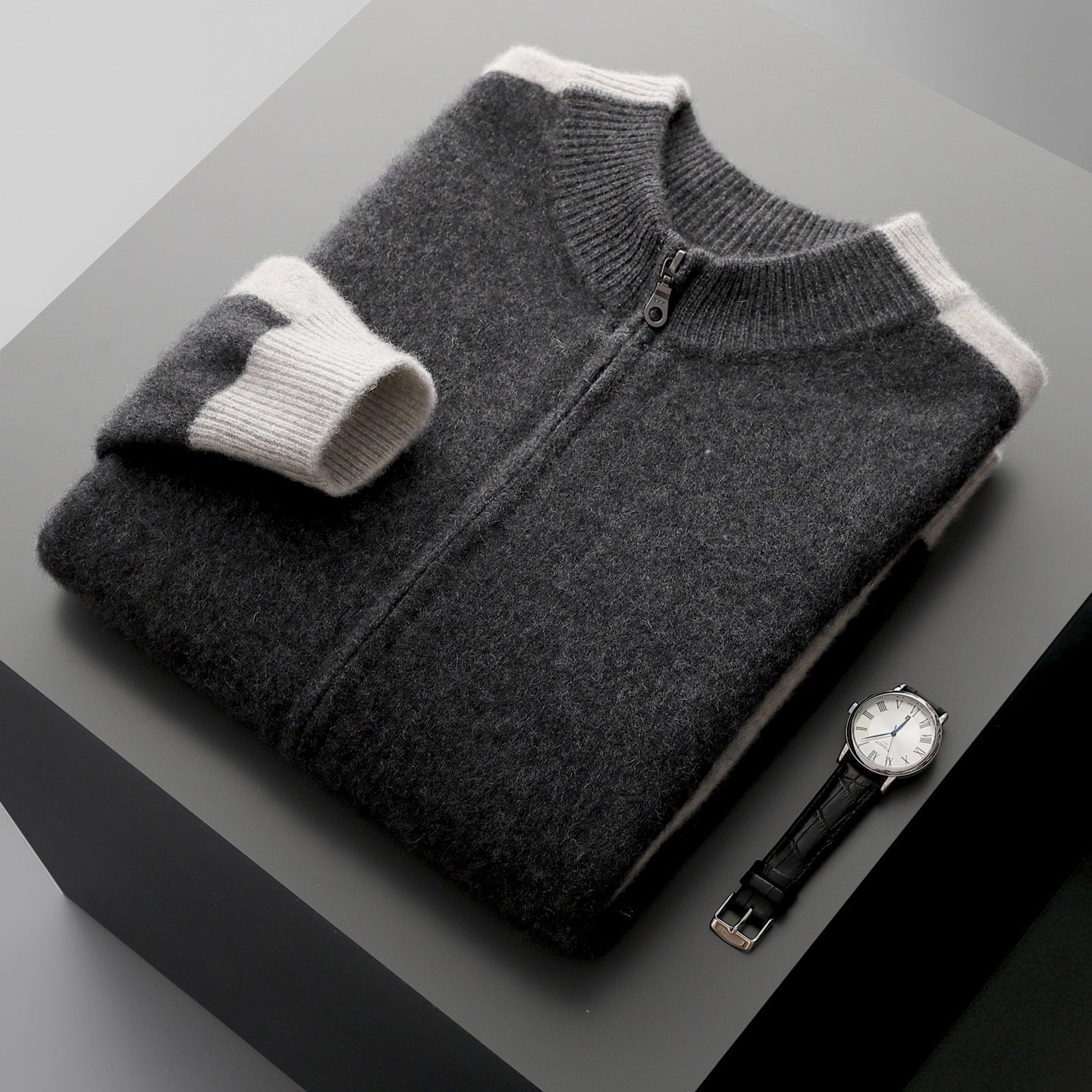 Men's Cardigan - Zip Up Knit Jumper with Colour Block Panels and Ribbed Cuffs