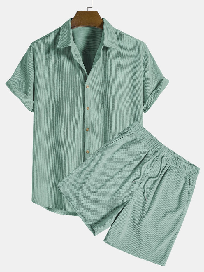 Men’s Corduroy Short Sleeve Shirt and Shorts Set – Relaxed Outfit