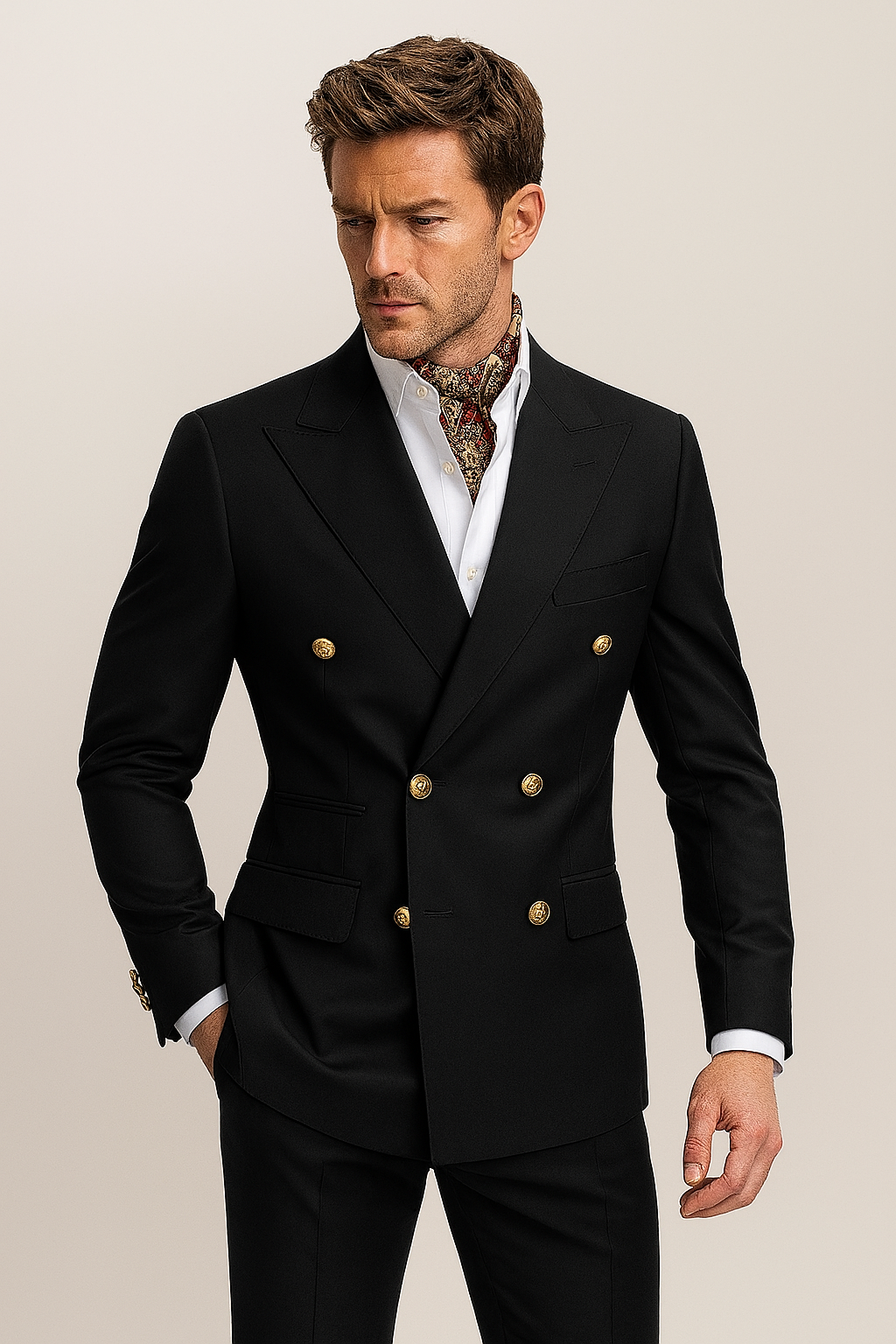 Men’s Double-Breasted Two-Piece Suit – Tailored Set with Gold-Tone Buttons