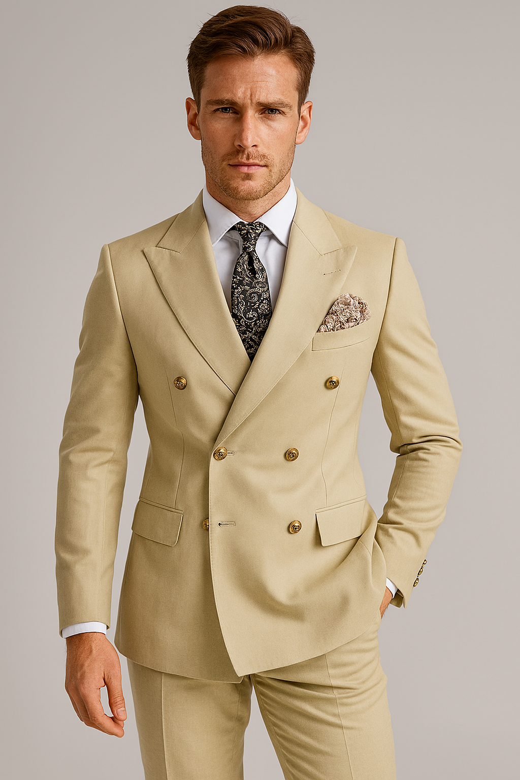 Men’s Double-Breasted Two-Piece Suit – Tailored Set with Gold-Tone Buttons