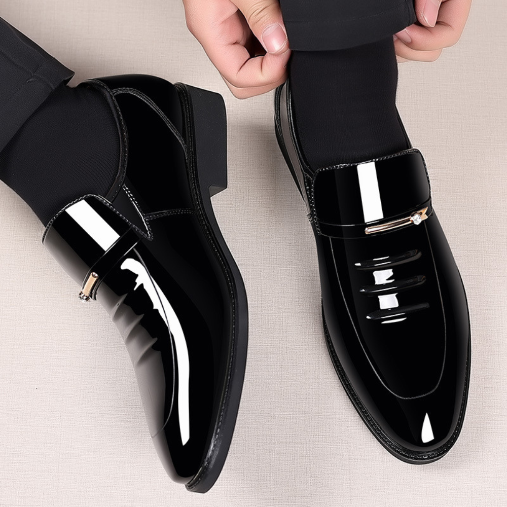 Men’s Glossy Slip-On Loafers – Formal Dress Shoes with Metal Bar
