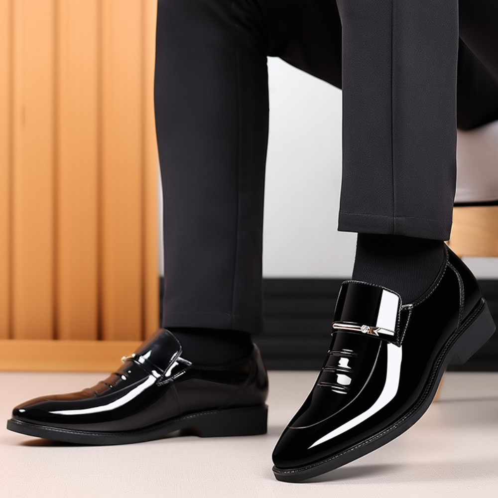 Men’s Glossy Slip-On Loafers – Formal Dress Shoes with Metal Bar