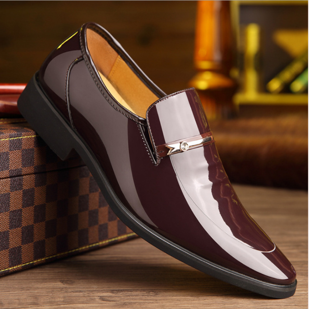 Men’s Glossy Slip-On Loafers – Formal Dress Shoes with Metal Bar