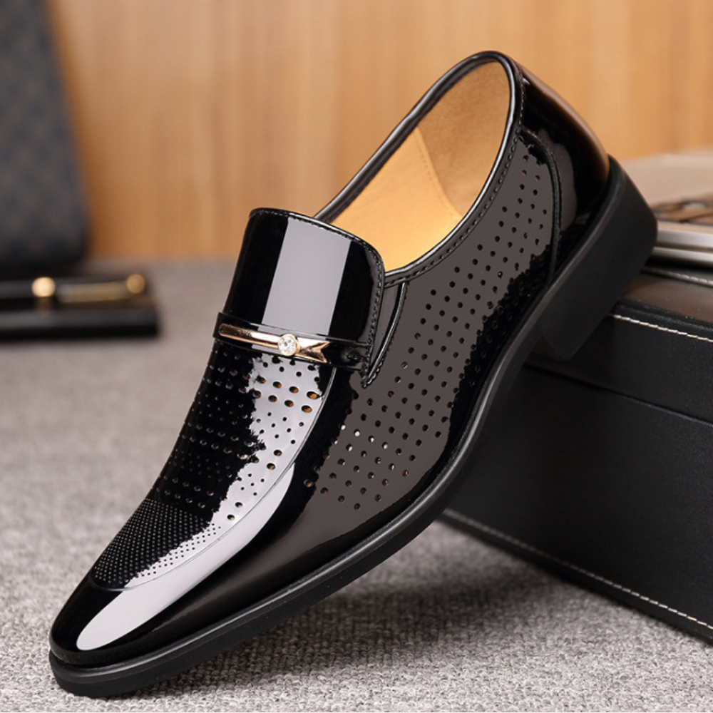 Men’s Glossy Slip-On Loafers – Formal Dress Shoes with Metal Bar