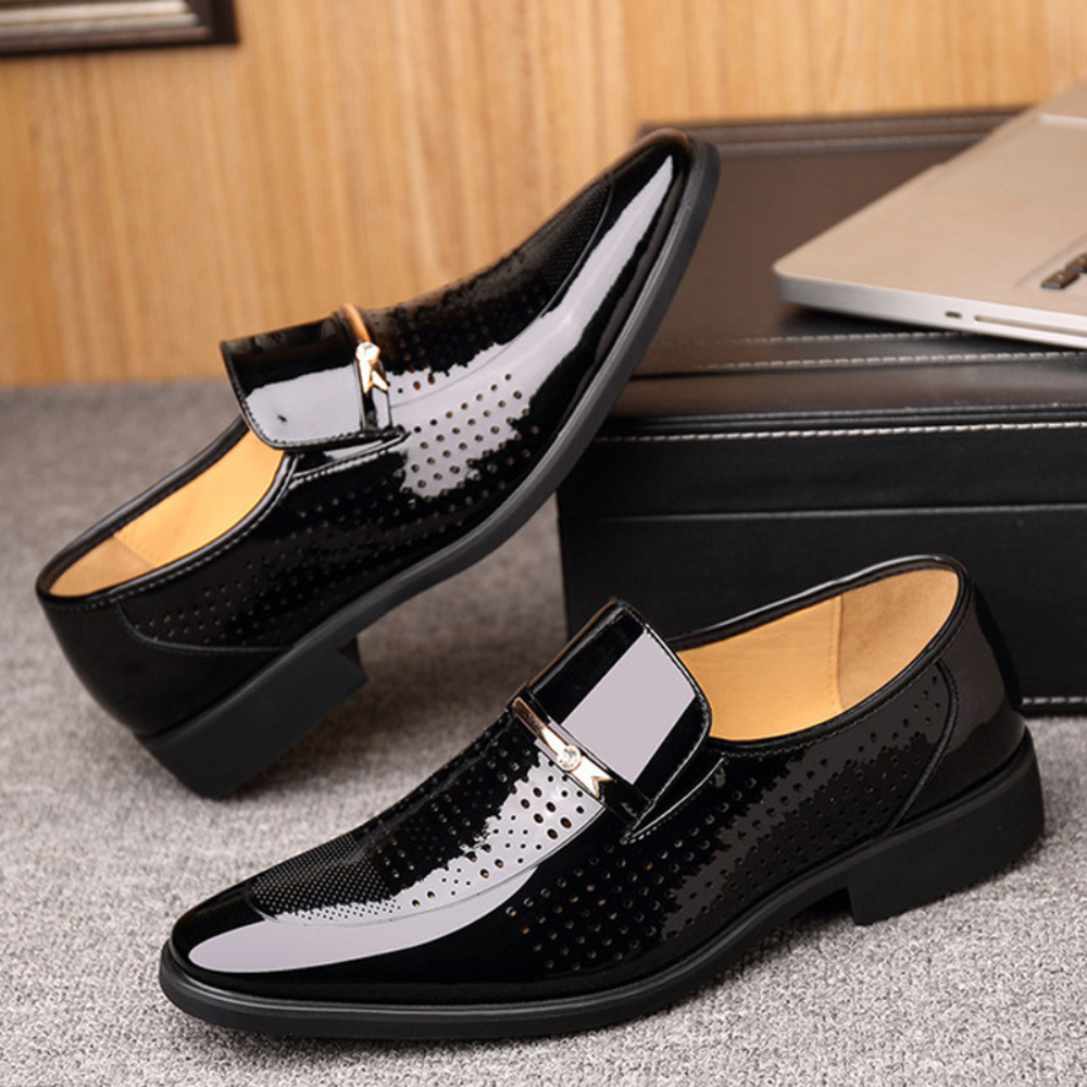 Men’s Glossy Slip-On Loafers – Formal Dress Shoes with Metal Bar