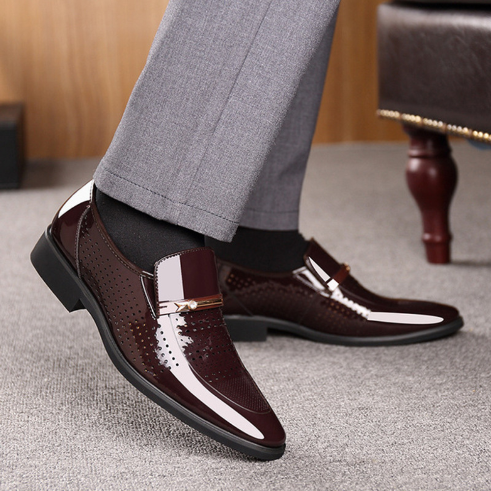 Men’s Glossy Slip-On Loafers – Formal Dress Shoes with Metal Bar