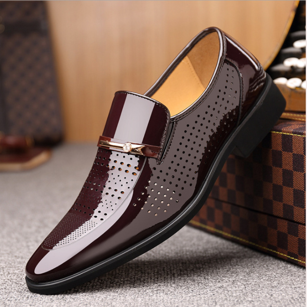 Men’s Glossy Slip-On Loafers – Formal Dress Shoes with Metal Bar