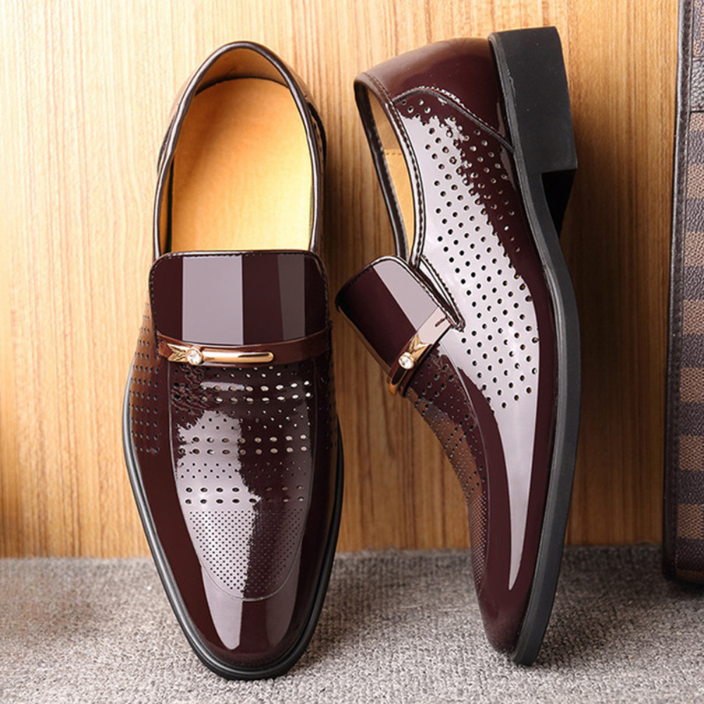Men’s Glossy Slip-On Loafers – Formal Dress Shoes with Metal Bar