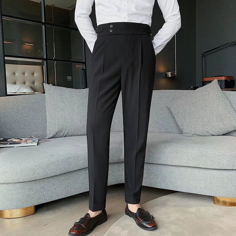 Men’s High-Rise Formal Trousers – Pleated Front with Cuffed Hem