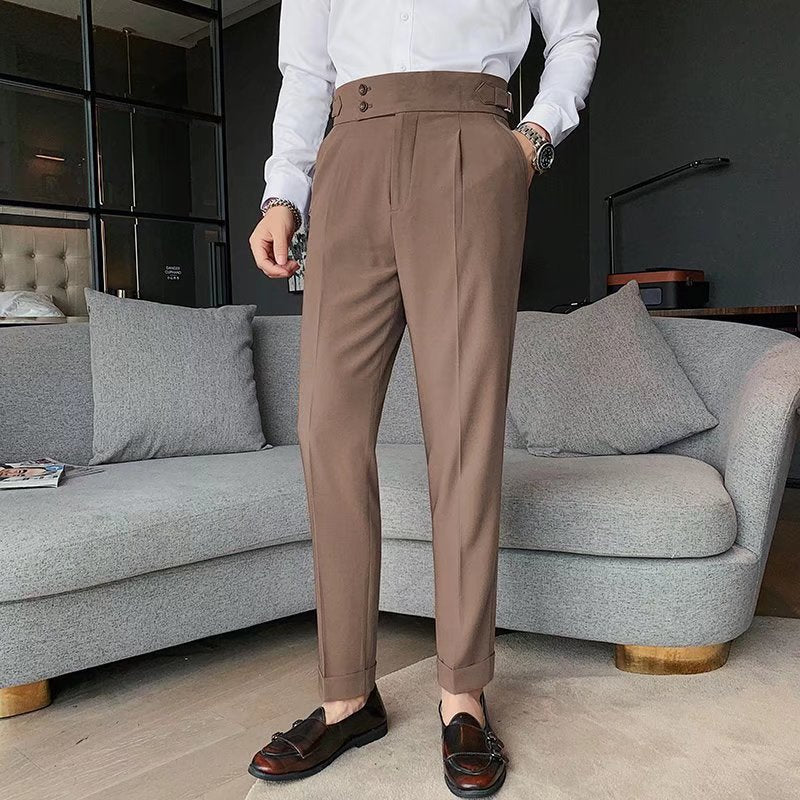 Men’s High-Rise Formal Trousers – Pleated Front with Cuffed Hem