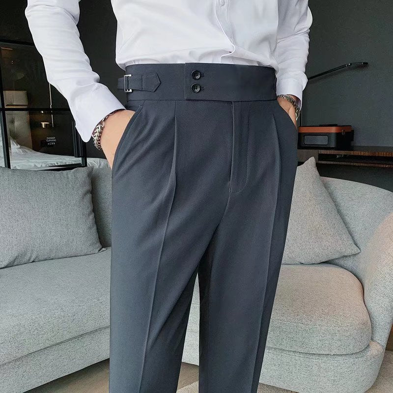 Men’s High-Rise Formal Trousers – Pleated Front with Cuffed Hem