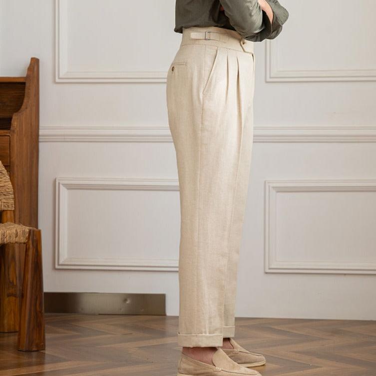 Men’s High-Waisted Pleated Trousers – Italian Style with Elongated Silhouette