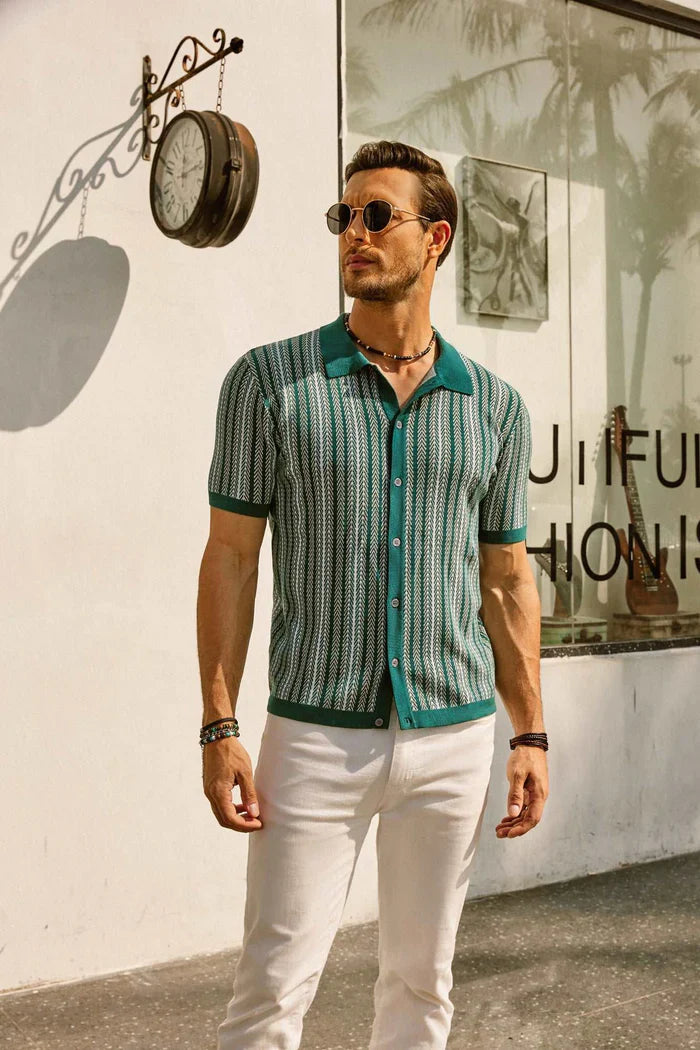Men’s Retro Striped Polo Shirt – Short Sleeve Casual Top