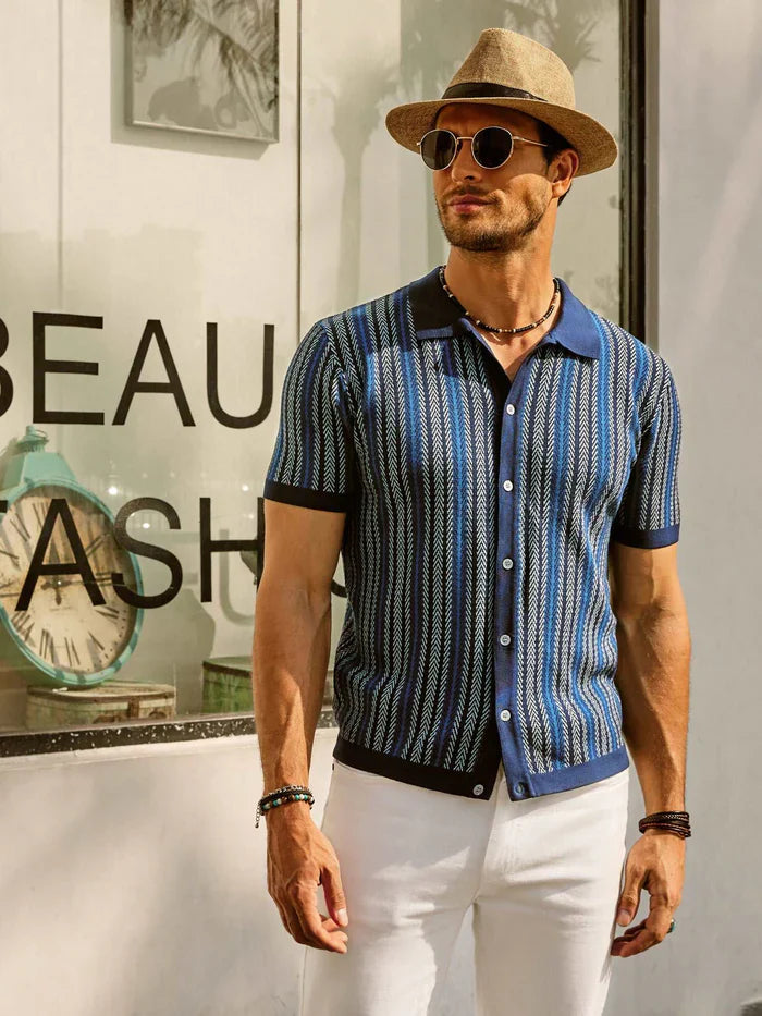 Men’s Retro Striped Polo Shirt – Short Sleeve Casual Top