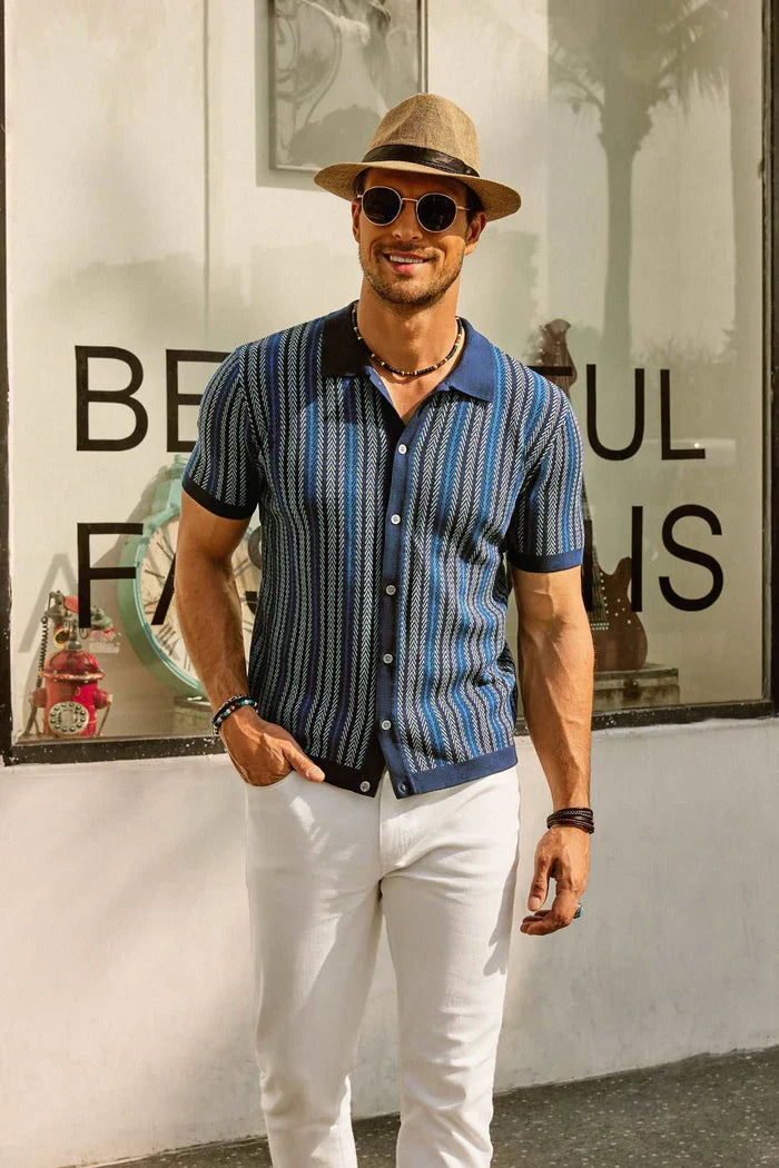 Men’s Retro Striped Polo Shirt – Short Sleeve Casual Top