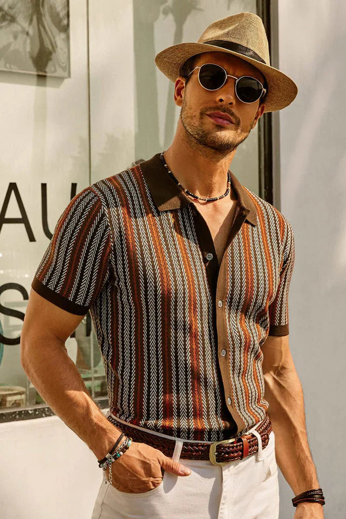 Men’s Retro Striped Polo Shirt – Short Sleeve Casual Top