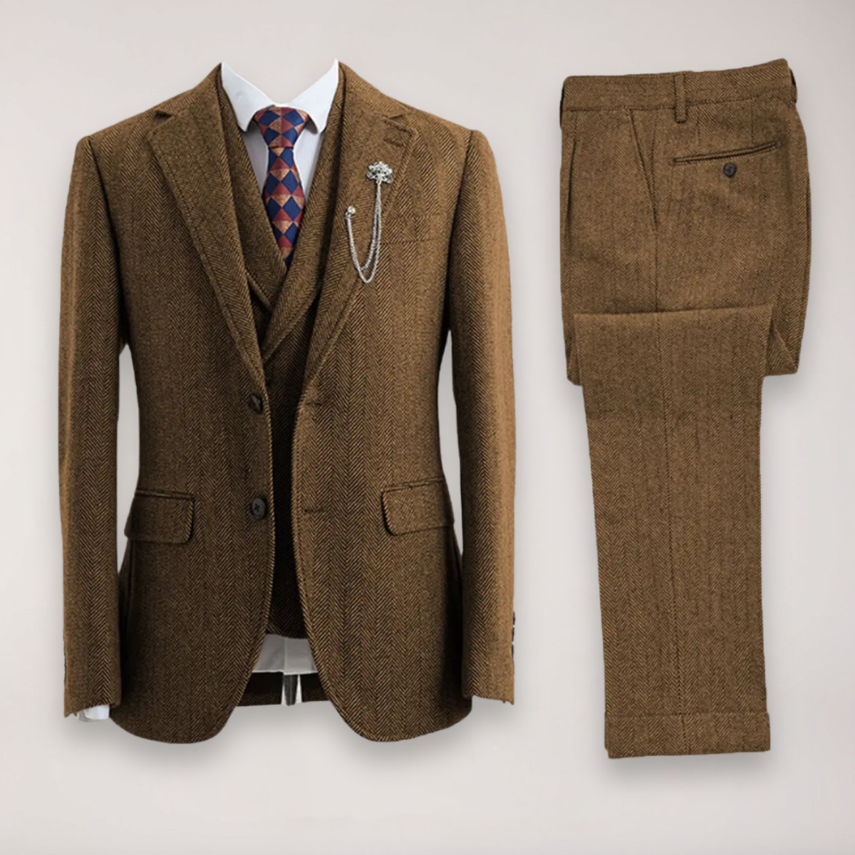 Men’s Tweed Herringbone Three-Piece Suit – Blazer, Waistcoat and Trousers for Formal and Country Events