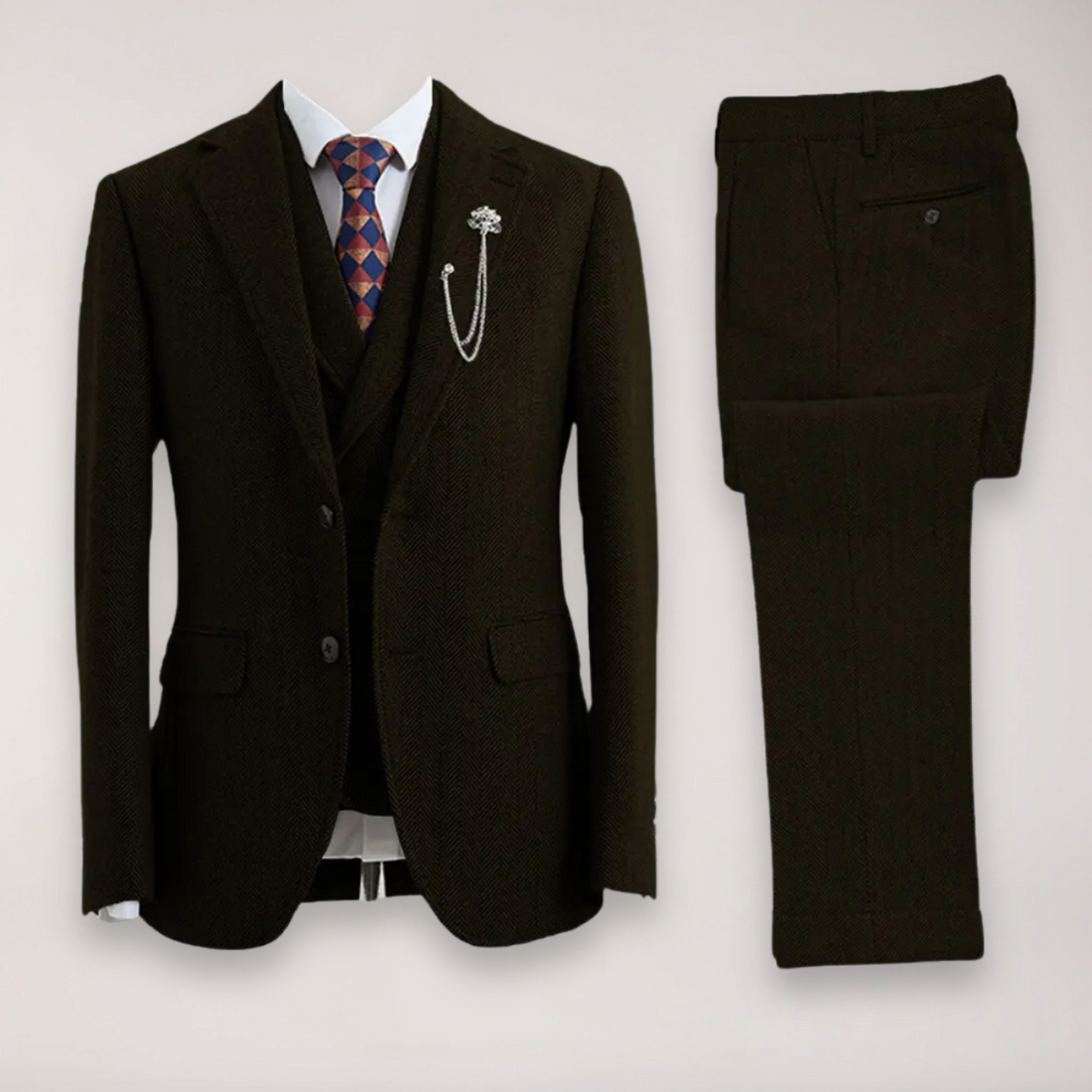 Men’s Tweed Herringbone Three-Piece Suit – Blazer, Waistcoat and Trousers for Formal and Country Events