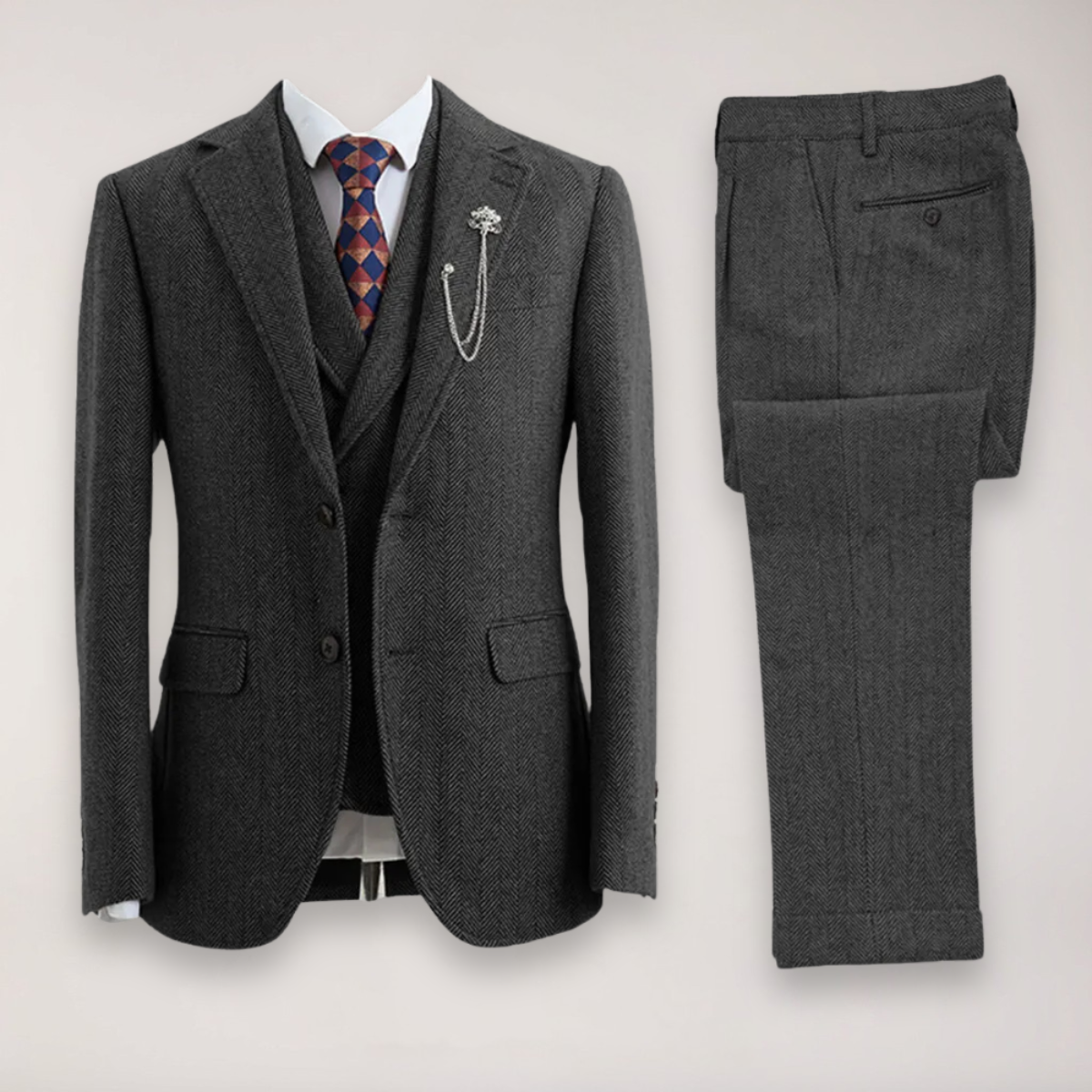 Men’s Tweed Herringbone Three-Piece Suit – Blazer, Waistcoat and Trousers for Formal and Country Events