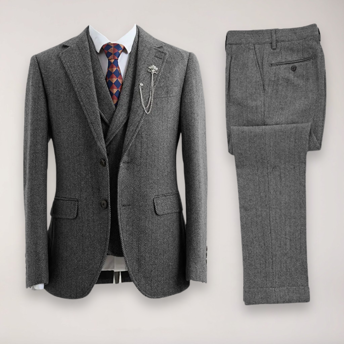 Men’s Tweed Herringbone Three-Piece Suit – Blazer, Waistcoat and Trousers for Formal and Country Events