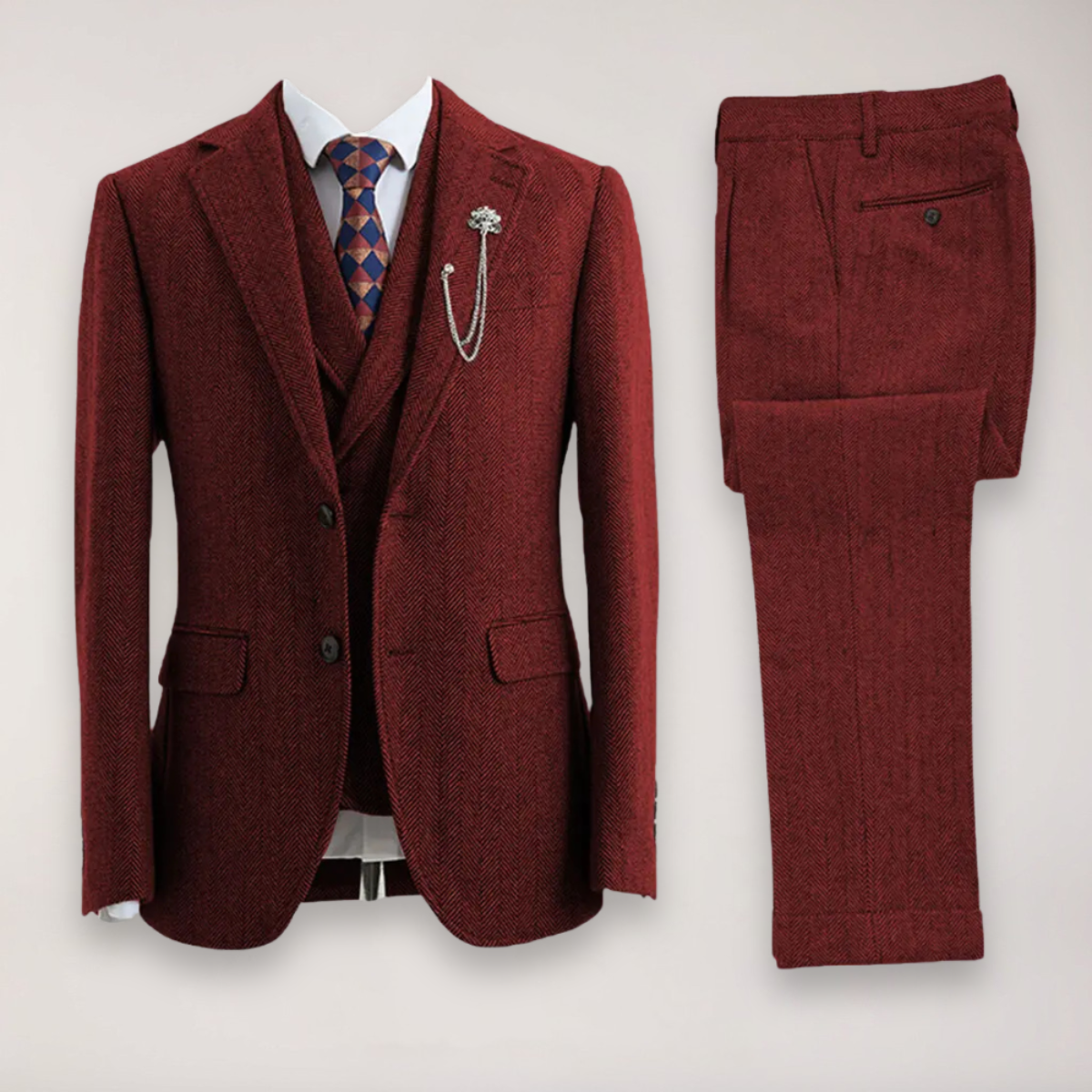 Men’s Tweed Herringbone Three-Piece Suit – Blazer, Waistcoat and Trousers for Formal and Country Events