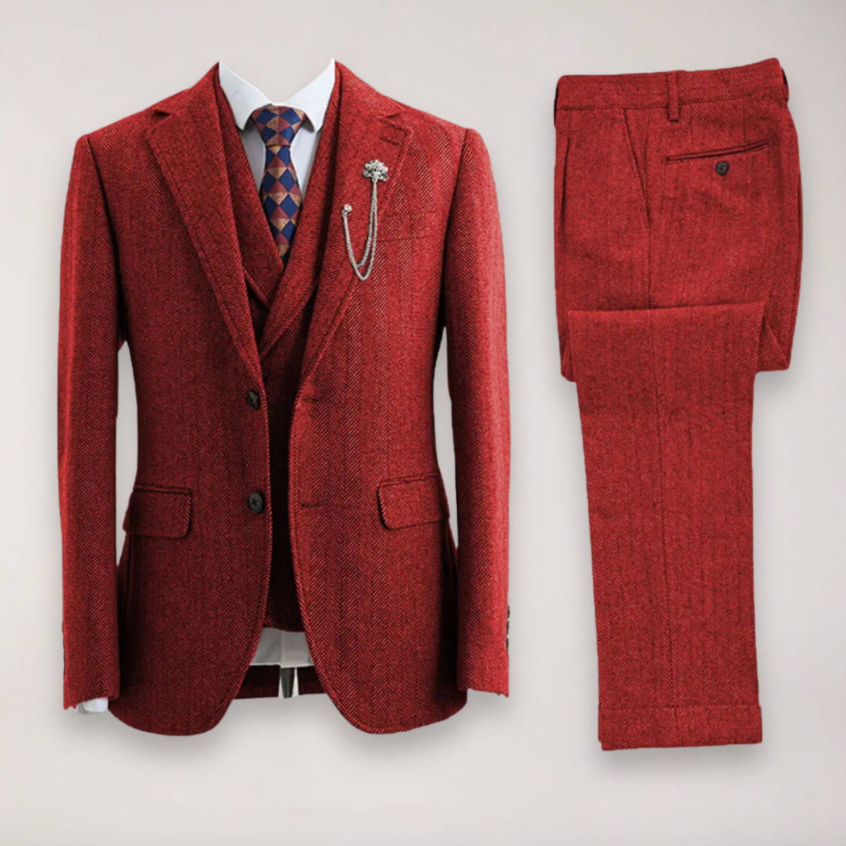 Men’s Tweed Herringbone Three-Piece Suit – Blazer, Waistcoat and Trousers for Formal and Country Events