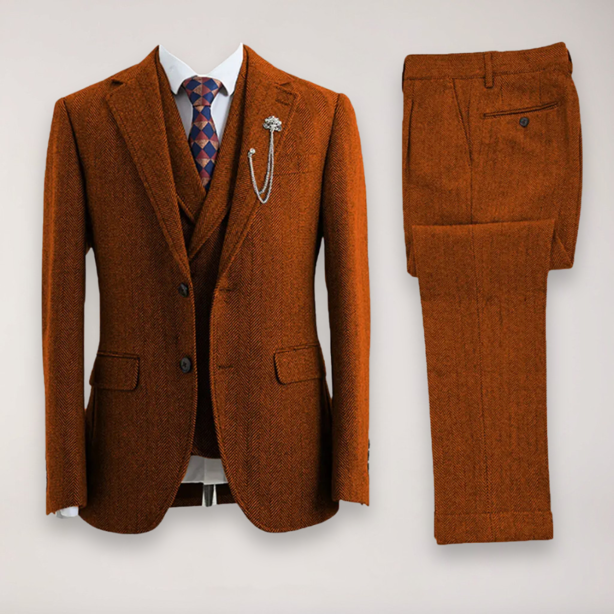 Men’s Tweed Herringbone Three-Piece Suit – Blazer, Waistcoat and Trousers for Formal and Country Events