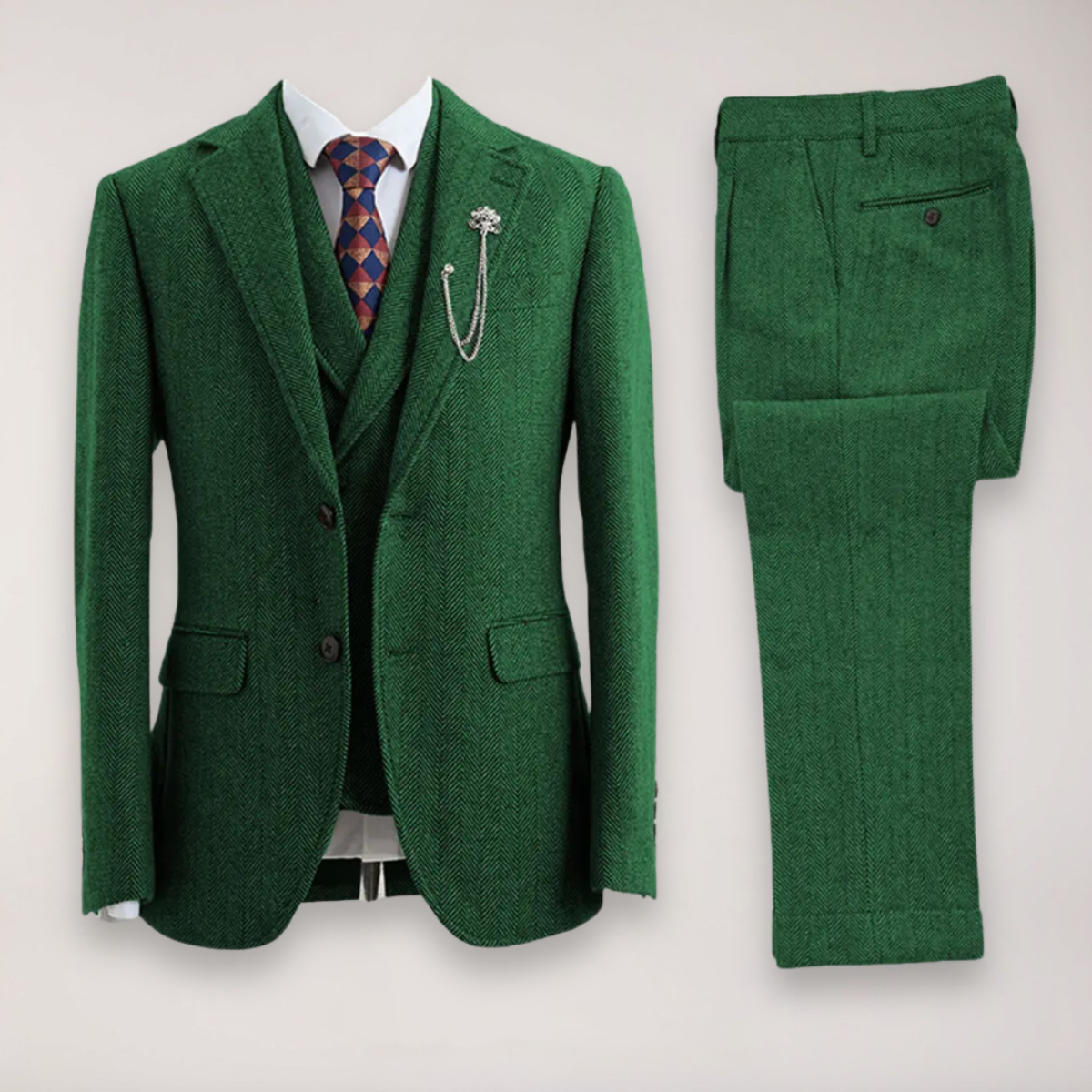 Men’s Tweed Herringbone Three-Piece Suit – Blazer, Waistcoat and Trousers for Formal and Country Events