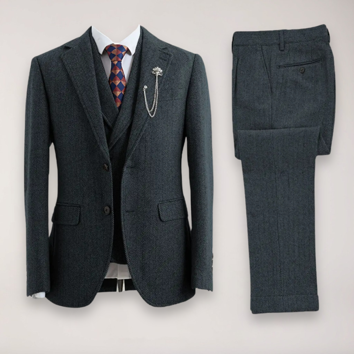 Men’s Tweed Herringbone Three-Piece Suit – Blazer, Waistcoat and Trousers for Formal and Country Events
