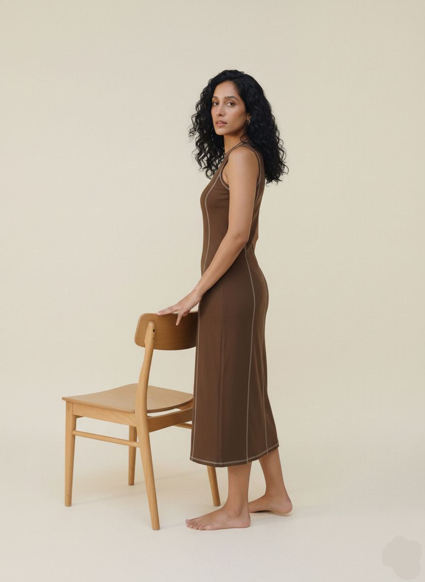 Women’s Sleeveless Maxi Dress with Round Neck and Vertical Contrast Seam Panels