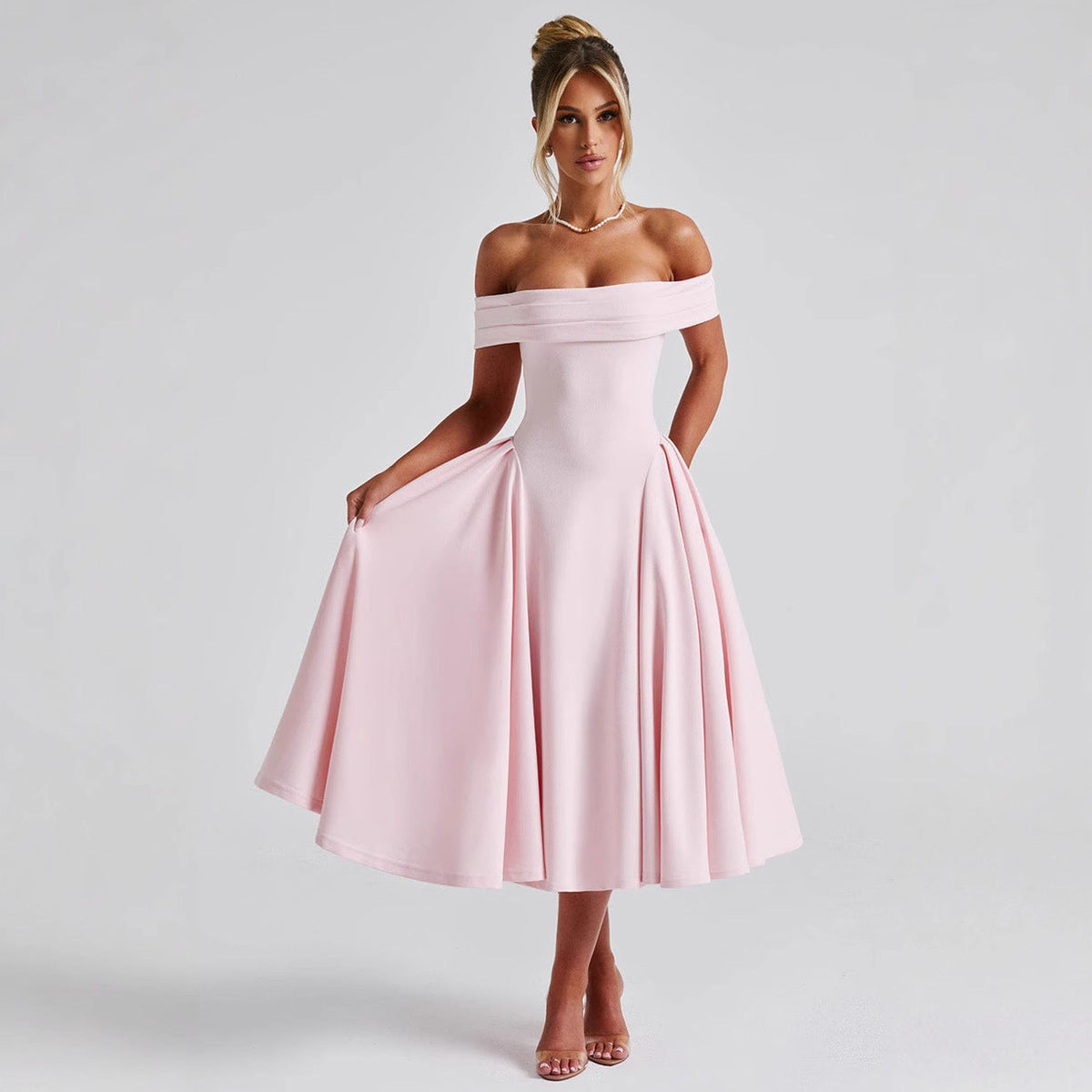 Women’s Off Shoulder Midi Dress – Structured A Line Evening Silhouette