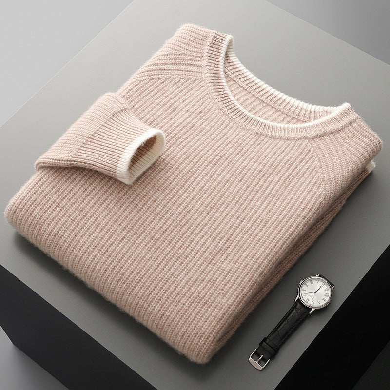 Men's Knit Jumper - Crew Neck Raglan Sleeve Ribbed Pullover