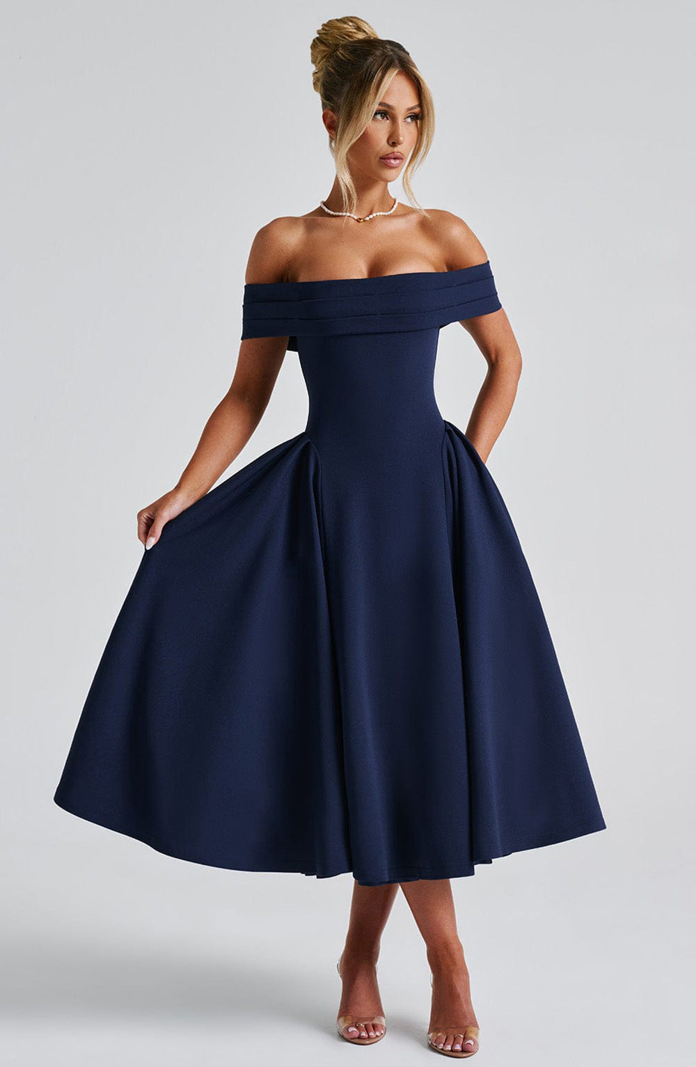 Women’s Off Shoulder Midi Dress – Structured A Line Evening Silhouette