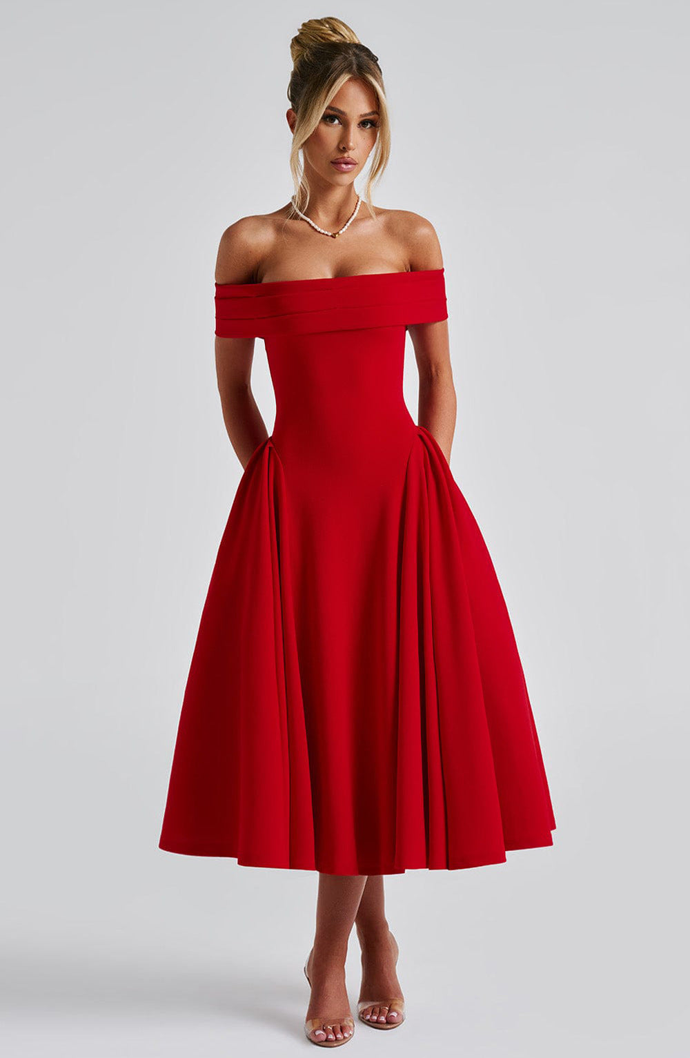Women’s Off Shoulder Midi Dress – Structured A Line Evening Silhouette