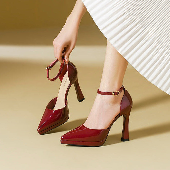 Women's Patent Leather Pointed Toe Ankle Strap Block Heels