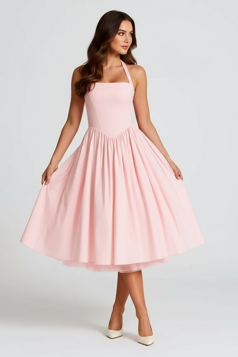 Women's Midi Dress - Halter Neck Corset Bodice A-Line