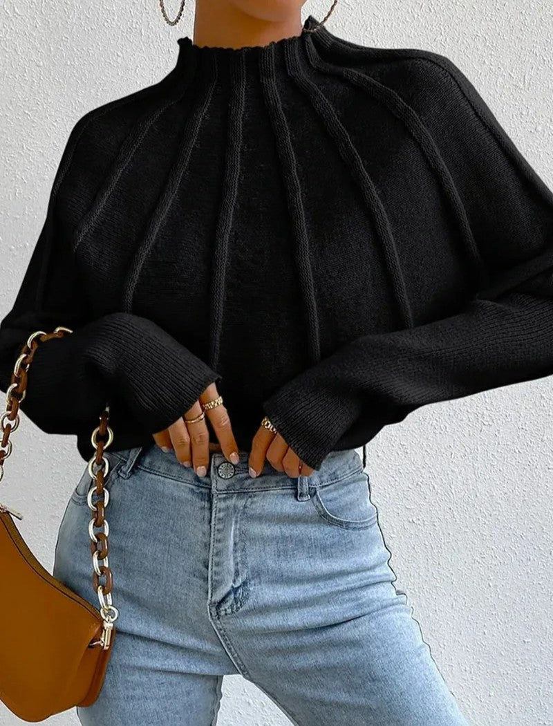 Women’s Cropped Knit Jumper – High Neck Relaxed Fit Ribbed Detail