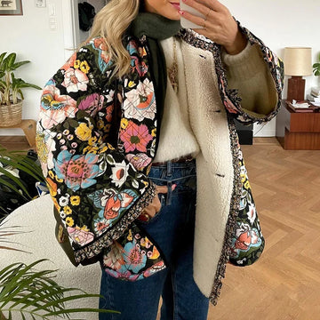 Women’s Quilted Jacket – Floral Print Padded Coat with Open Front Design