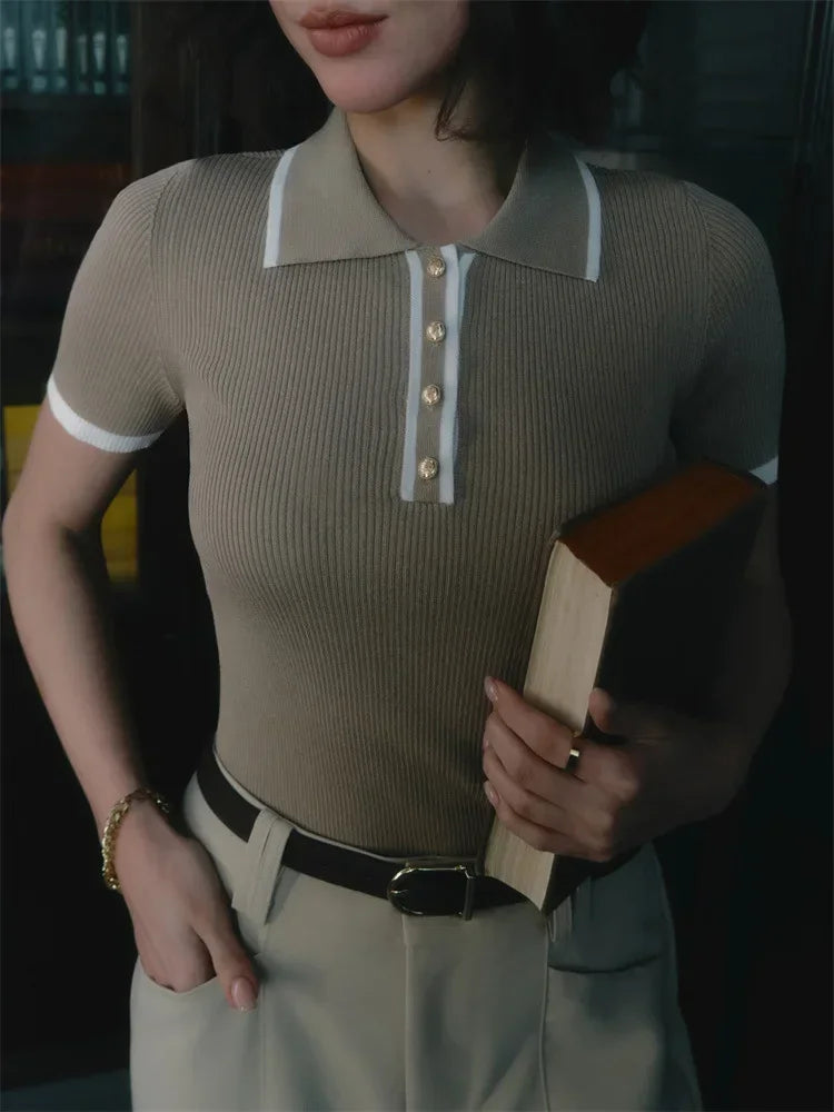 Women’s Ribbed Short Sleeve Polo Top with Button Placket and Contrast Collar