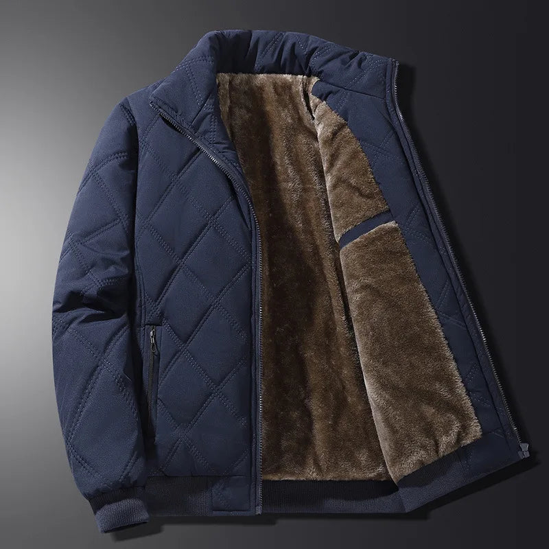 Men's Quilted Zip-Up Jacket with Stand Collar - Fleece Lined - Zip Pockets - Winter Style