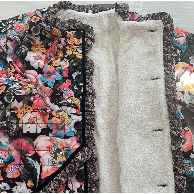 Women’s Quilted Jacket – Floral Print Padded Coat with Open Front Design