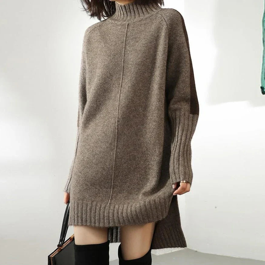 Women’s High-Neck Knit Jumper Dress – Relaxed Longline Silhouette